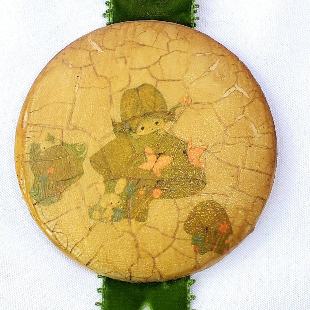 VTG MCM Wall Hanging Little Girl with Mushrooms Green Velvet Porcelain Crackle - Picture 10 of 12